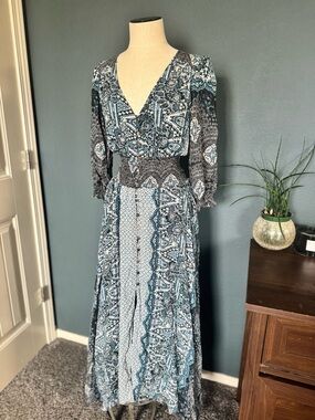 Free People Teal and Black Paisley V-Neck Maxi Dress